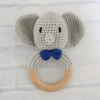 

Baby Wooden Teether Ring DIY Crochet Elephant Rattle Soother Teething Molar Toy H55B