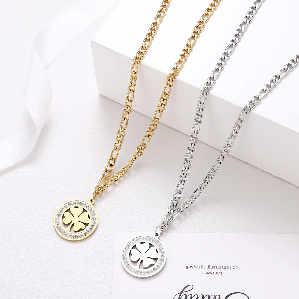 Crystal Round Clover Necklace For Women And Men Stainless Steel Cuban Chain Necklaces New Statement Wedding Gifts Jewelry S767