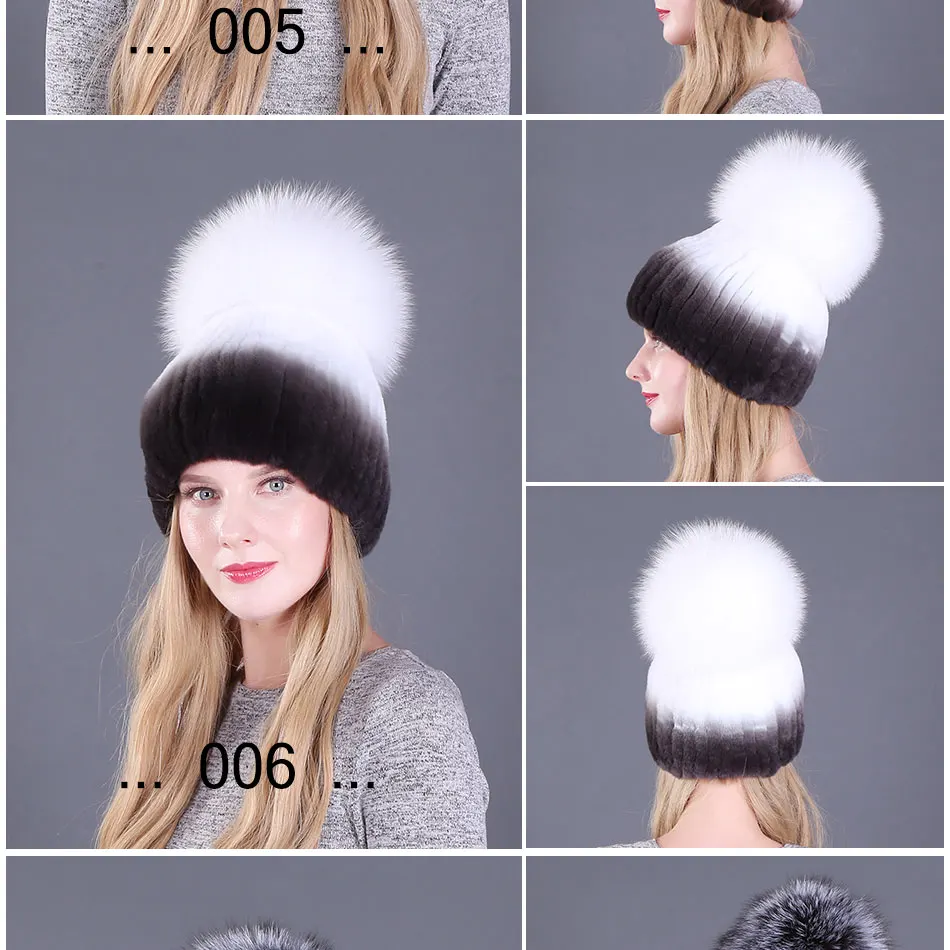 Зимние шапки из меха кролика рекс для женщин шапочки Топ вязаный с лисьим мехом бренд Повседневные шапки хорошего качества
