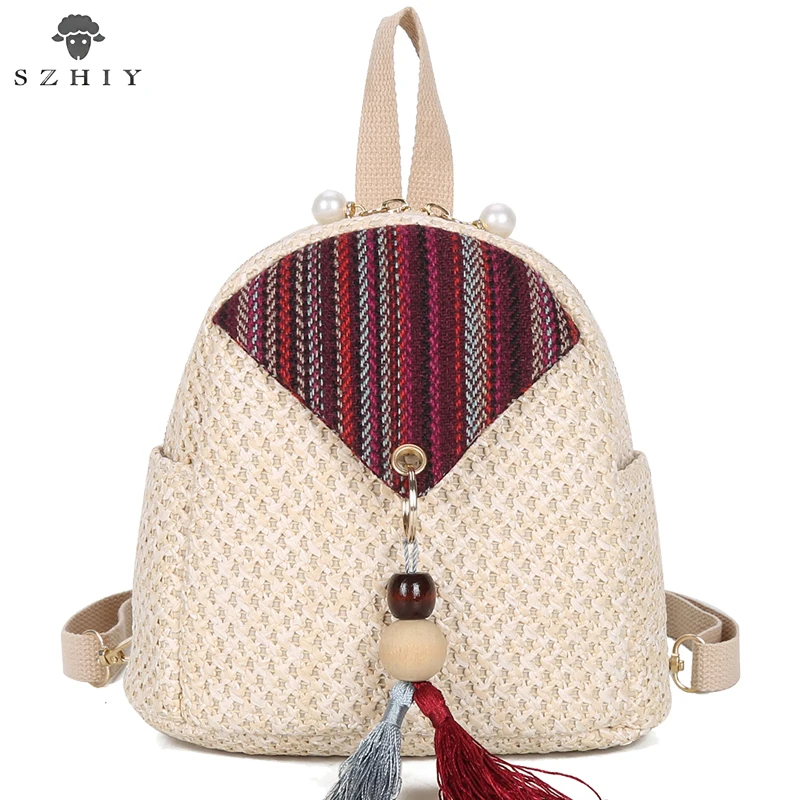 

Women Backpack Small Straw Shoulder Bag Fashion Designer Straw Evening Bag Mini Pearl Zip Retro Tassel Beach Summer Girl Fashion