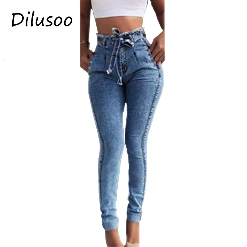 Dilusoo женские джинсы с высокой талией брюки Эластичные Обтягивающие джинсы пояс с кистями Женские джинсы карандаш повседневные брюки джинсы
