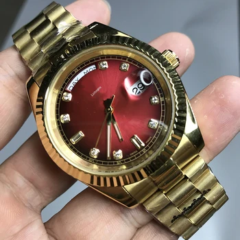 

noble red dial Golden Classic men 36mm mechanical glide smooth watch 2813 movement Day Date model AAA watches