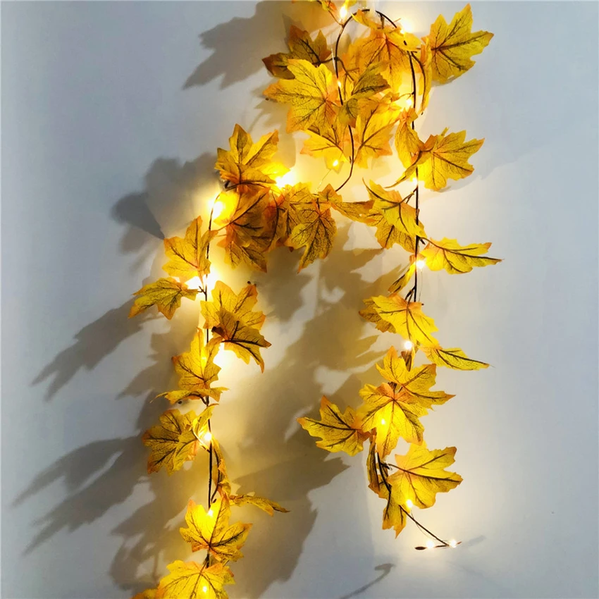 

New 2M 20LED Copper Wire LED String Light With 52PCS Maple Leaves Rattan Autumn Plants Garland Fence Stair Party Light