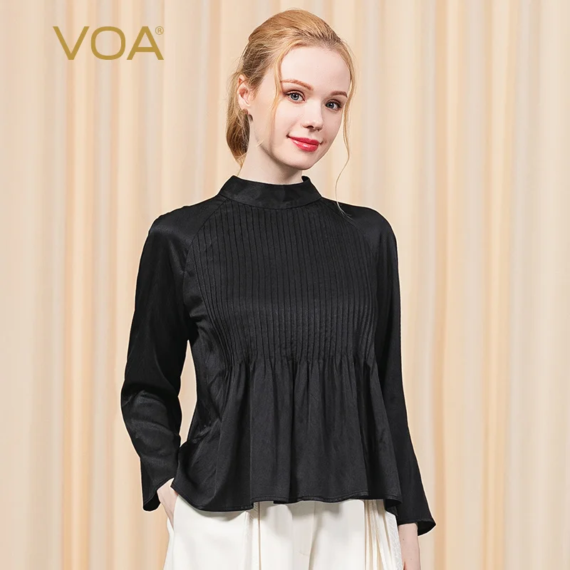 

Voa 19mm Satin Stretch Silk Half-collar Pleats Splicing Kou Long-sleeved T-shirt B8593 Befree Harajuku Women T Shirt