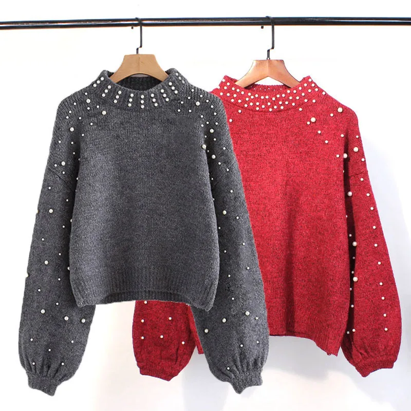 

Pearl Turtleneck Winter Knitted Sweater Women Lantern Sleeve Loose Gray Red Pullover Female Soft Warm Autumn Casual Jumper