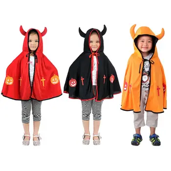 

Children Kid Halloween Demon Cloak with Ox Horn Pumpkin Cross Pattern Printed Hooded Cosplay Role Play Party Cape for Boys Girls