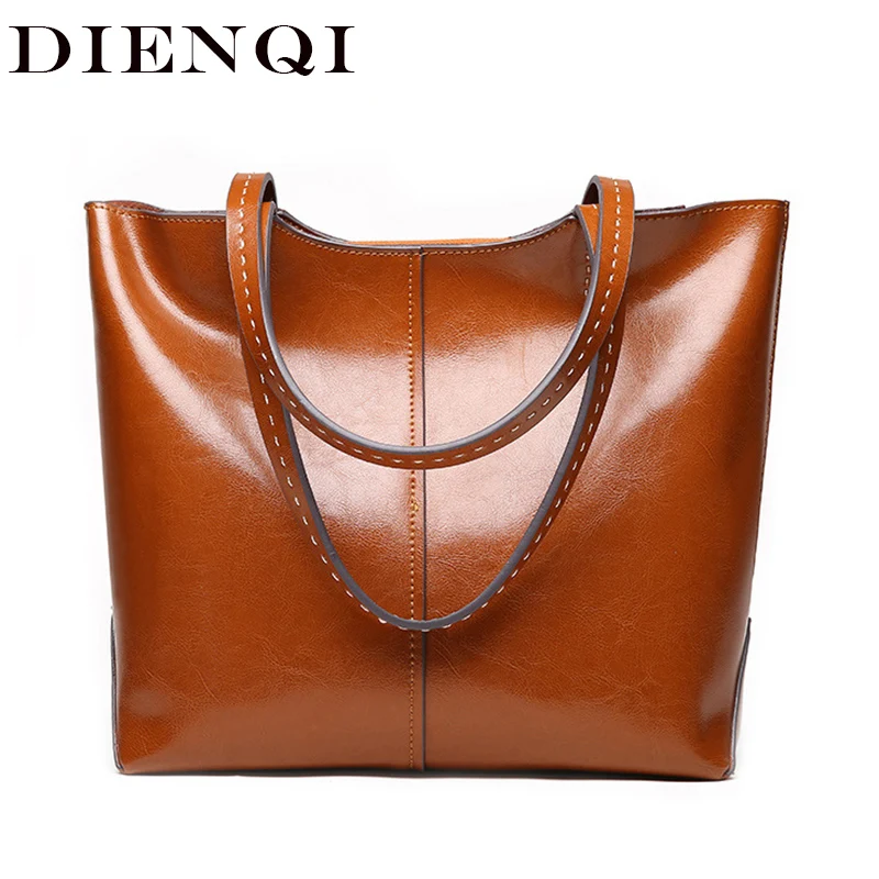 

DIENQI 2021 New Female Genuine Leather Shoulder Bags Luxury Women Leather Handbags Ladies Big Designer Brown Top-handle Bag Tote