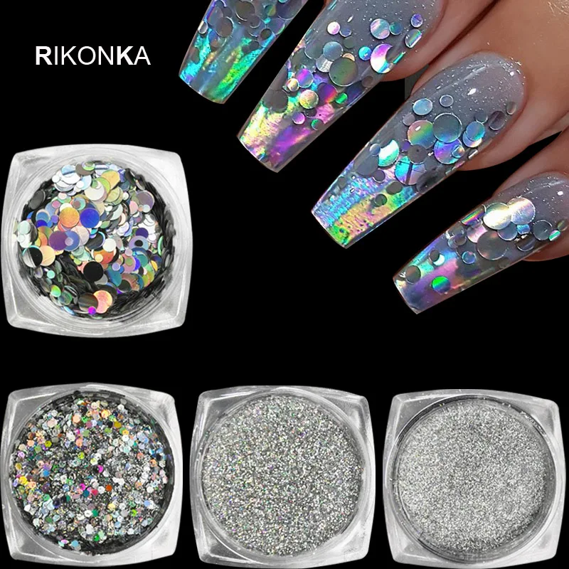 

Holographic Nail Glitter Set Powder Nails Laser Sparkly Manicure Silver Chrome Pigment Flakes Dust Nail Art Decorations Manicure