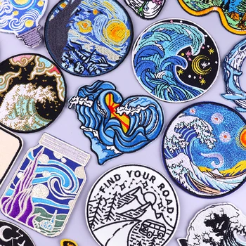 Parche de Van Gogh para ropa, parches ondulados DIY de montaña para ropa, parches termoadhesivos, pegatinas de viaje de aventura, insignias