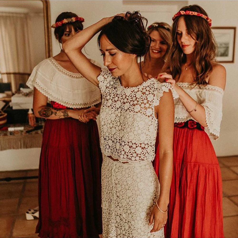 Mryarce Vintage Look Cotton Lace Crop Top Bohemian Wedding Dress Two Piece Bridal Gowns 5