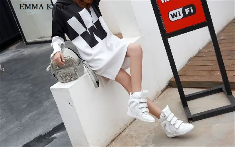 Autumn and winter Newest Fashion Designer Women Hook Loop Sneakers 8cm Invisible Inside Heighten Women Leather Ankle Boots
