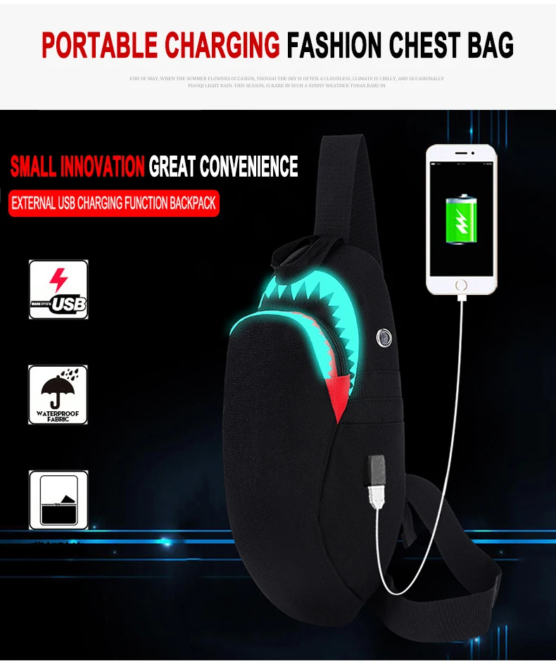 Мужская мода, usb зарядка, ночная светящаяся сумка на одно плечо, Акула, сумка для ноутбука, Подростковая школьная сумка, дорожная женская сумка Mochila