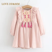 Одежда для девочек с надписью «LOVE DD& MM»; платья; коллекция года; сезон весна; модное платье с длинными рукавами с вышивкой и бахромой для девочек; детская одежда