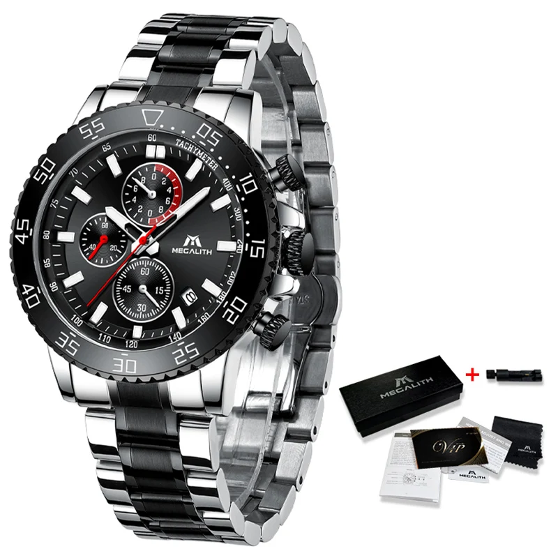 Megalith Military Watches Men Stainless Steel Band Waterproof Quartz Wristwatch Chronograph Clock-2