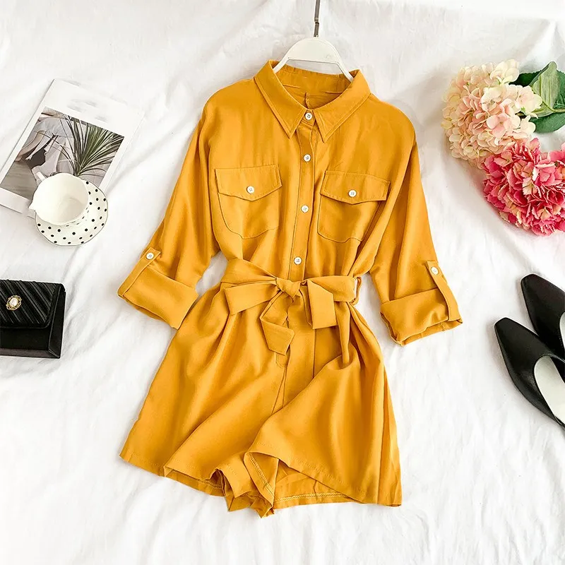 Korean Elegant Summer Playsuit Casual Turndown Collar Lace Up Long Sleeve Wide Leg Rompers Office Ladies Overalls - Цвет: Цвет: желтый