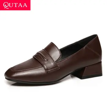 

QUTAA 2020 PU Leather Slip on Women Shoes Retro Square Toe Ladies Pumps Fashion Square Heel All Match Single Shoes Size 34-43