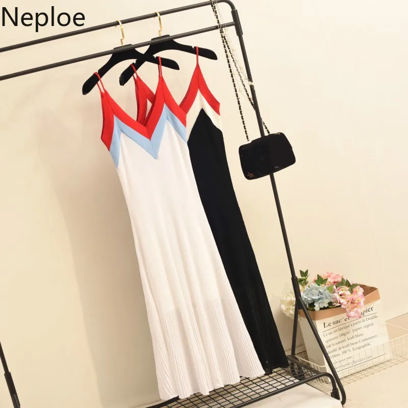 

Neploe 2019 Korean Chic Sling Dress Stripe Contrast Color Bottom Knitted Women Dresses Beach Style Mid-calf A-line Vestido 53366