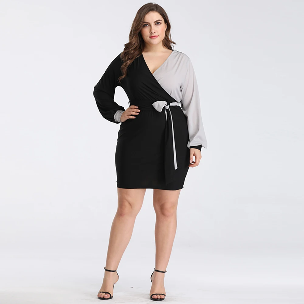 

New Fashion Women Asymmetrical Patchwork Design Sashes Dress V Neck Long Sleeve Mini Club Dress Summer Party Casual Vestido