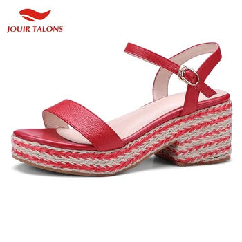 

Brand Design Genuine Leather Women Shoes Straw Square Heel ankle-strap Leisure Summer Woman Sandals