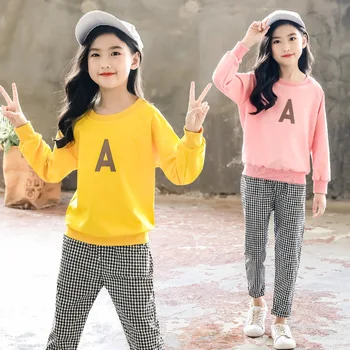 

Children Clothes 2019 Kids Girls Korean Long Sleeve Letter Set Solid Color Long Sleeve Blouses + Plaid Pants Sport Two Piece Set