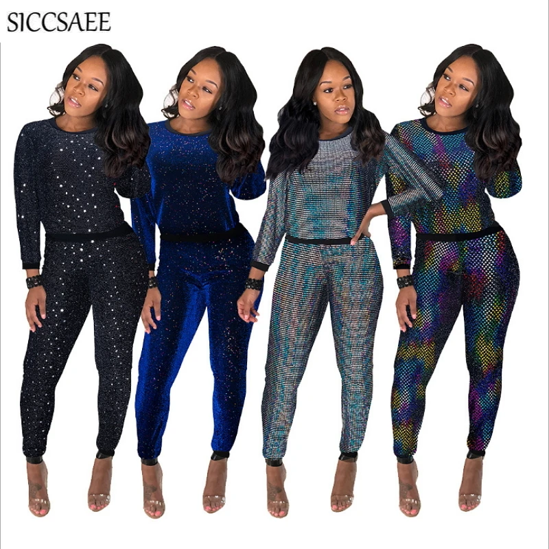 

2019 Autumn Winter Glitter Outfits For Women Sparkly Sequins Beading Two Piece Set Women's Sexy Casual Sweatsuit Loose Tracksuit