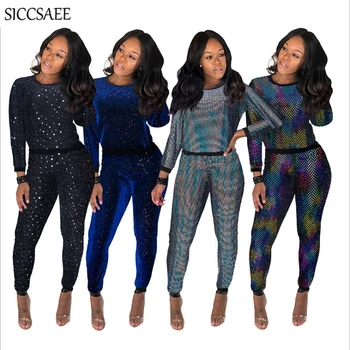 

2019 Autumn Winter Glitter Outfits For Women Sparkly Sequins Beading Two Piece Set Women's Sexy Casual Sweatsuit Loose Tracksuit