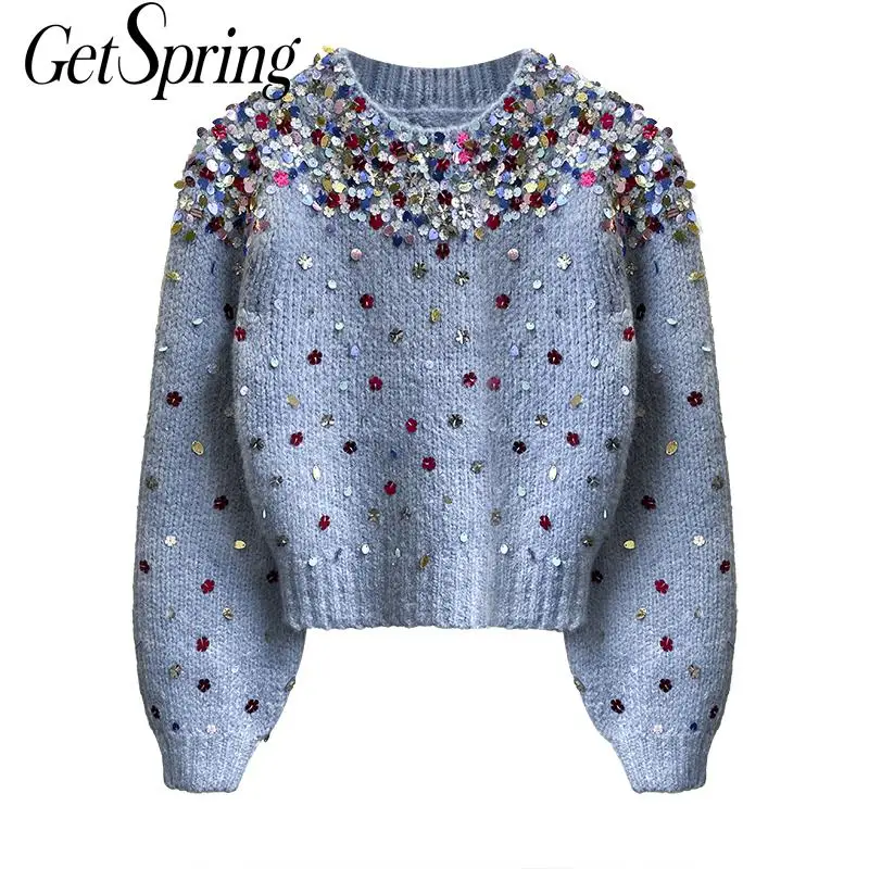 GETSPRING Women Sweater Sequins Patchwork Women