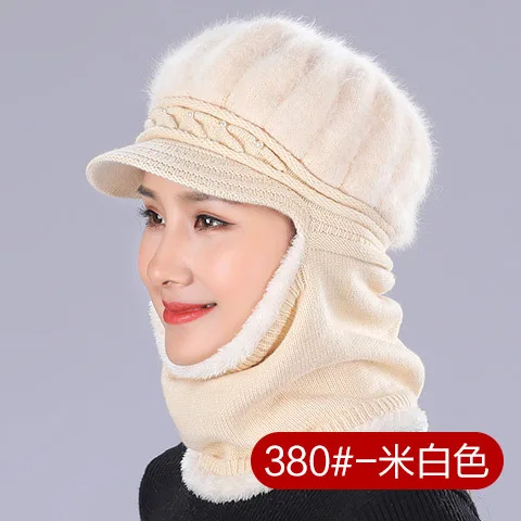 beige Женская шапка, зимний нагрудник, шарф, шейный защитный воротничок, наушники, плюшевая бархатная теплая шерстяная женская шапка с капюшоном, хлопковая вязаная шапка для мамы - Цвет: beige