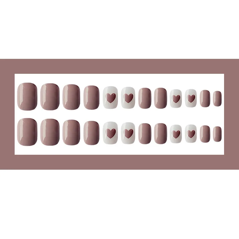 Nusx Ladies DIY Fake Nail Heart Pattern Shiny Brown Coffee Color Full Cover Short Press On 3