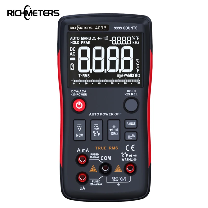 TOPSELEKT RM409B cyfrowy przycisk multimetru 9999 zlicza się z analogowym wykres słupkowy AC/napięcie prądu stałego amperomierz prądu Ohm Auto/Manual