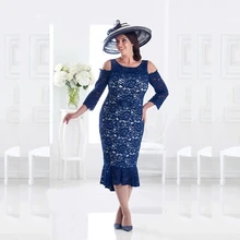 Navy Blue Mother Of The Bride Dresses Sheath 3/4 Sleeves Tea Length Lace Plus Size Short Groom Mother Dresses For Wedding
