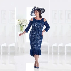 Navy Blue Mother Of The Bride Dresses Sheath 3/4 Sleeves Tea Length Lace Plus Size Short Groom Mother Dresses For Wedding