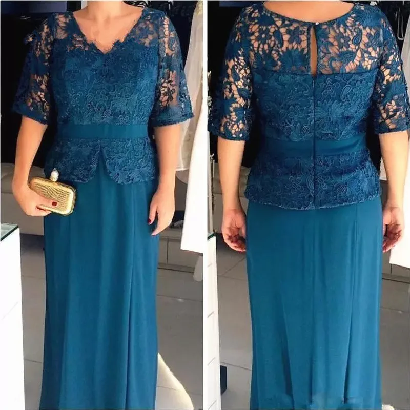 

H Elegant bride mother dresses Plus Size women evening V Neck Lace Appliques Sheath Navy Blue Half Sleeve evening gown for women