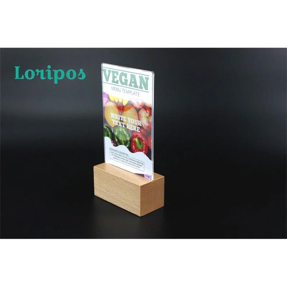 New Hot Sale A6 Unique Design Easy Reused Acrylic Clear Price Tag Menu Display Table Top Desk Sign Label Holder Thick Wood Base