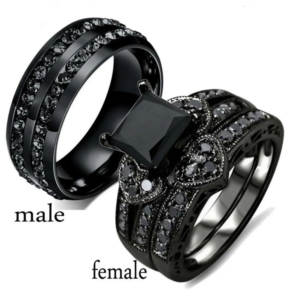 Wedding Rings Titanium Steel Womens Black Princess Cut Heart CZ Crystal