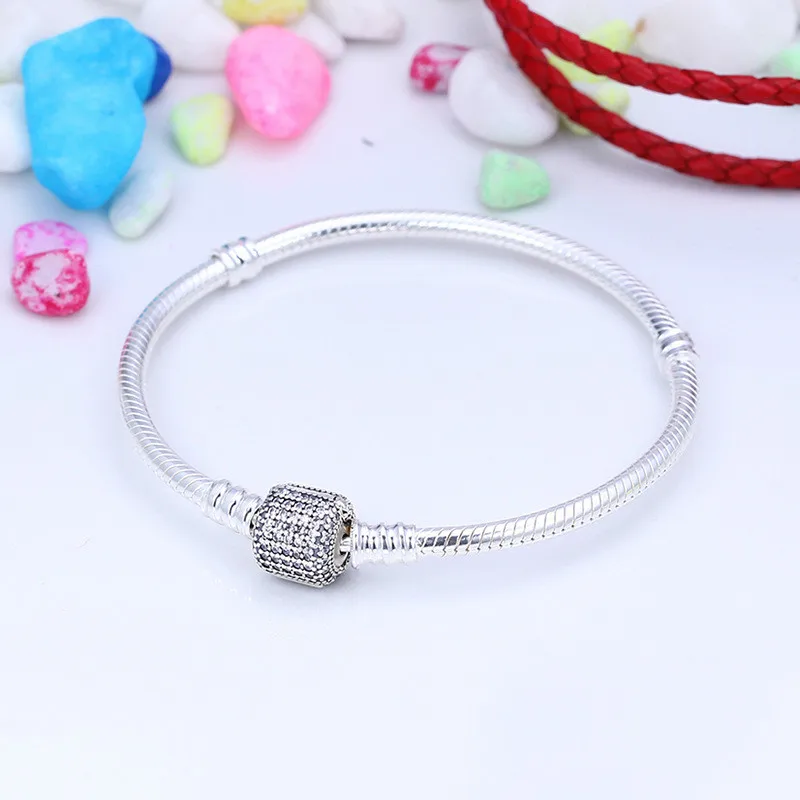 

Authentic 925 Sterling Silver Bracelet Signature Clasp Crystal Snake Chain Bangle Fit Women Bead Charm DIY Fashion Jewelry