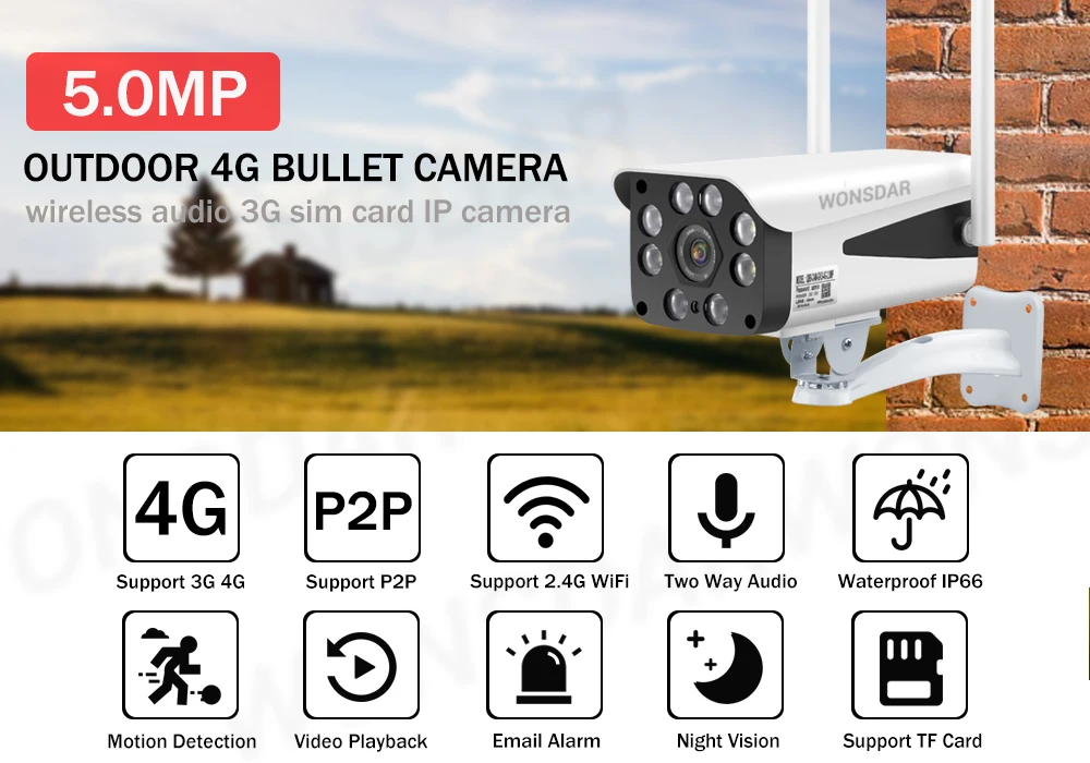 Wonsdar 4G 3g sim-карта камера 5MP 1080P HD wifi IP Bullet камера 1080P наружная безопасность двухстороннее аудио наблюдение P2P CamHi