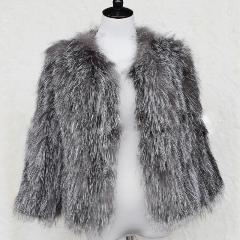 natural silver fox Пальто из натурального Лисьего меха для женщин, вязаные шубы из серебристого лисьего меха, длинные рукава, уличная мода, натуральная Меховая куртка rf1919 - Цвет: natural silver fox