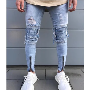 

2019 Mens Denim Cargo Pants Jeans with Side Cargo Pocket Tight Jeans Men Slim Fit Long broken hole Zipper design Trousers