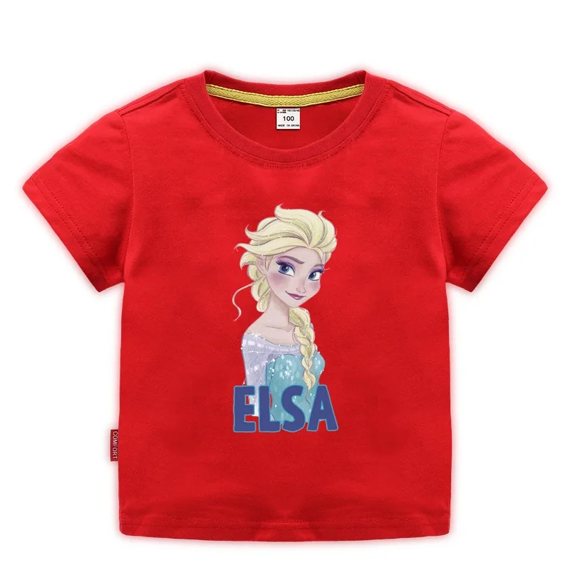 Летняя детская Рождественская одежда хлопковая однотонная Повседневная футболка с короткими рукавами для маленьких девочек с изображением принцесс Эльзы и Анны футболка - Цвет: Elsa 1