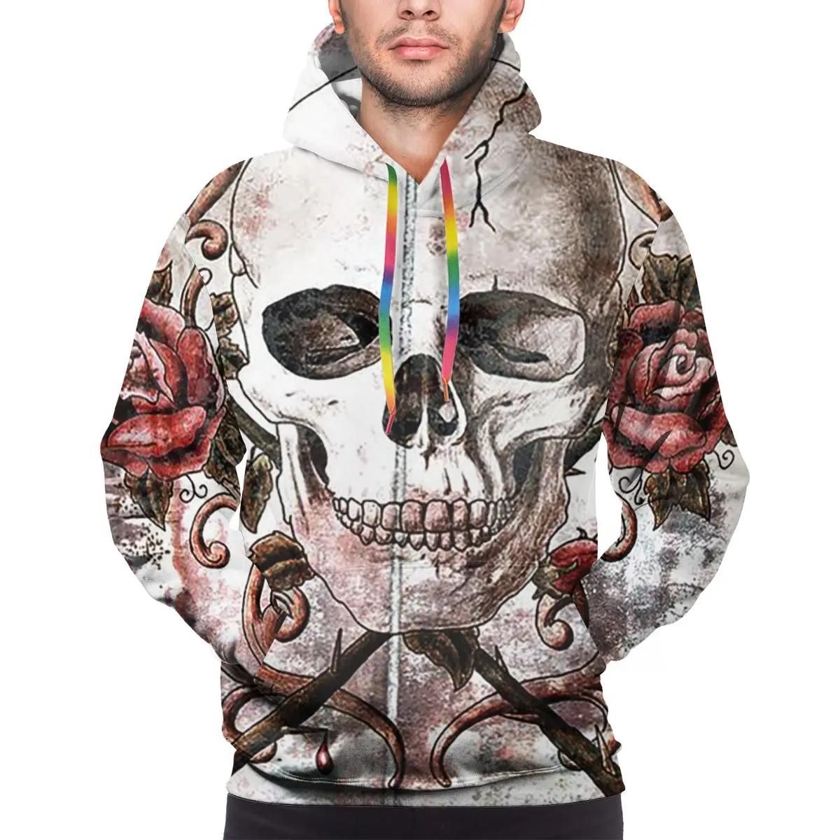3D Digital All Over Print Agony Sugar Skull With Rose Mens Casual Hoodie Hooded Pullover Hoody Pocket Sweatshirts | Мужская одежда