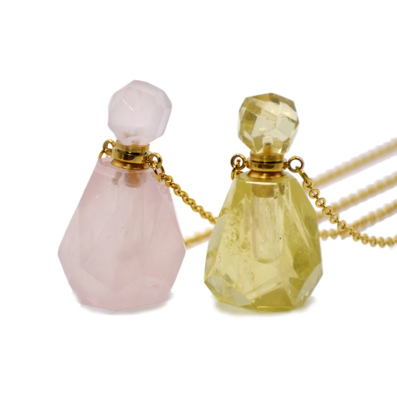 

Genuine Rose Quartzs citrines Perfume Bottle Natural Gems faceted stone Essential Oils Diffuser Pendant Crown Chakra Necklace