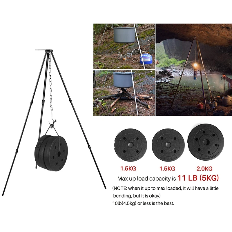 ELOS-Portable Hanging Pot Outdoor Camping Picnic Cooking Tripod Durable Bonfire Picnic Pot Casting Barbecue Hanging Tripod Black