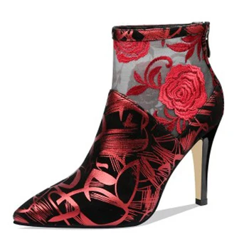 

New Women Luxury Ankle Boots Elegant Ankle Boots New Autumn Spring Embroider Womens Boots Zip Pointed Toe Shoes Woman Rubber