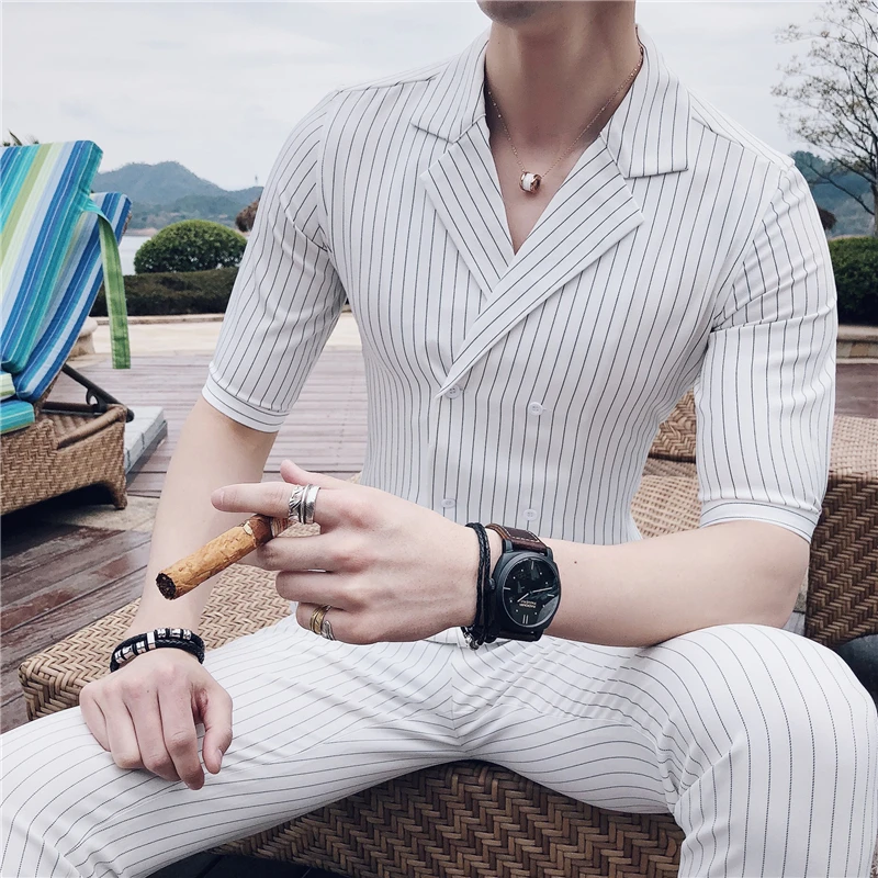 

Double Breasted Suit Summer Costume Mariage Homme Black White Grey Blue Stripe Suit Set Smoking Uomo Trajes De Hombre