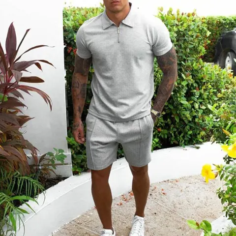Men's Tracksuit Cotton Solid Color Short Sleeve Zipper Polo Shirt&Shorts Set for Men Casual Streetwear 2-piece Suit 2022 Summer