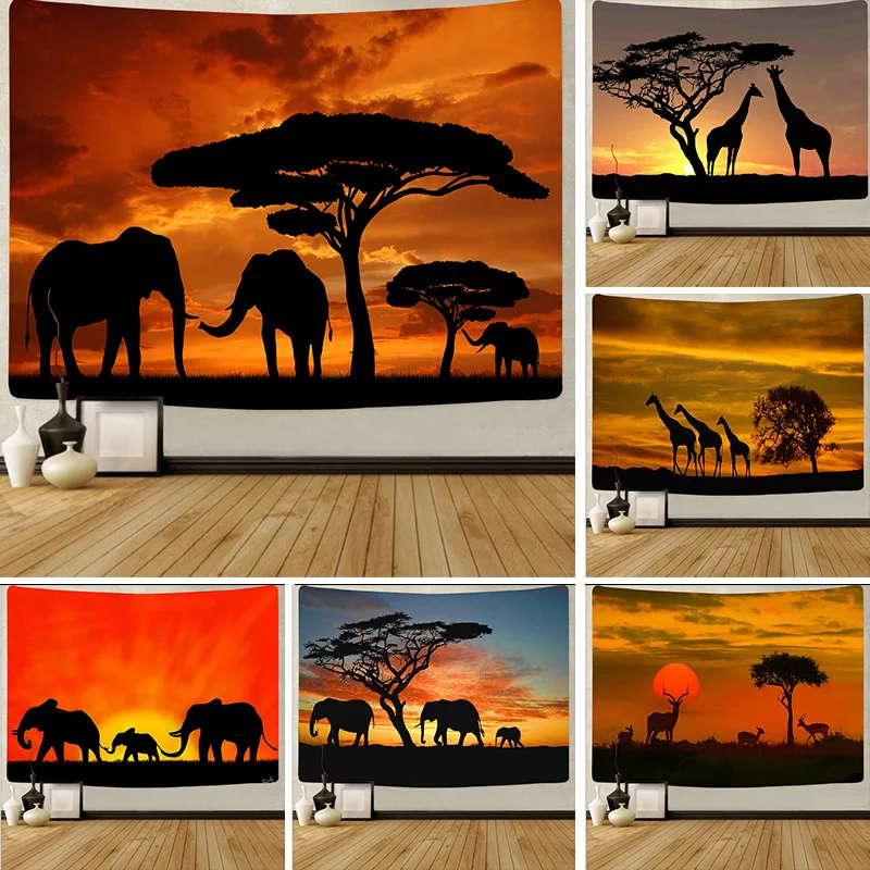 Patrón de Mandala de pared colgante alfombrilla tapiz pradera africana al atardecer patrón de elefante Yoga para dormir Pad alfombra manta de la playa