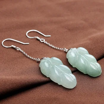 

Self Created 925 Silver Natural Emerald Jade Leaf Earrings Pendants DIY By Hand Accessories Women Gifts Jewelry Amulet