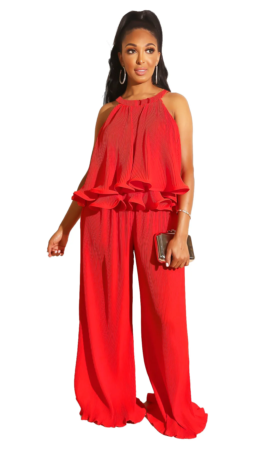 

Sexy Halter 2 Piece Set Women Pant and Top Solid Female Wide Leg Pants Set Loose Yellow Red Women Set Matching Set