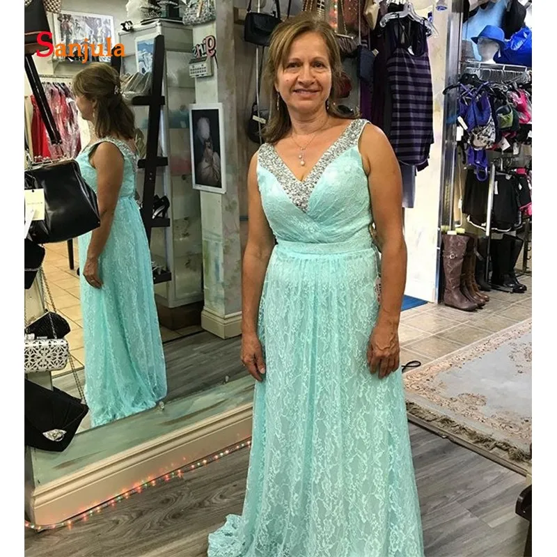 Платье с v-образным вырезом, мятно-синее кружевное платье для матери невесты, элегантное вышитое Блестящим Бисером, платье трапециевидной